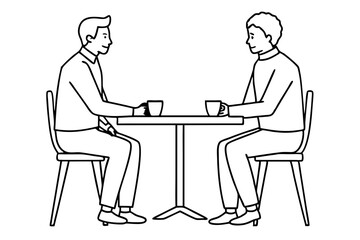 Two men are sitting at a table line art vector