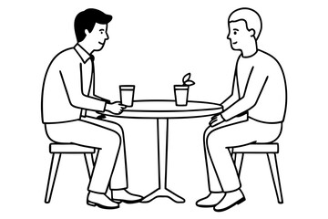 Two men are sitting at a table line art vector