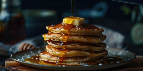 Stack of tasty pancakes topped with melting butter and drizzled with maple syrup