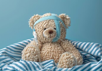Bandaged Teddy Bear with Eye Dropper and Temperature Displaying Care.