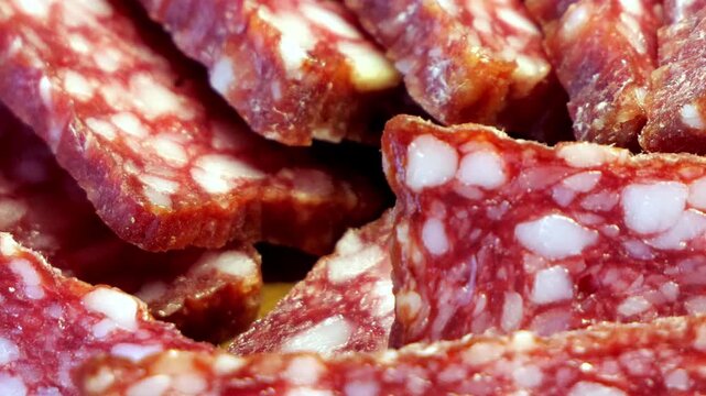 Close-up of thinly sliced salami. The video showcases a close-up view of several thin slices of salami, revealing its distinct texture and color.