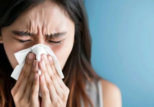 Woman Sneezing While Working from Home with Tissue in Hand.