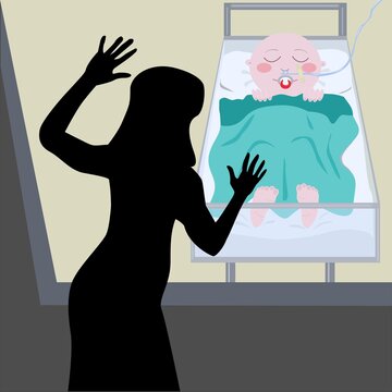 Worried Mother Silhouette Looking at Newborn Baby in Incubator Vector Illustration