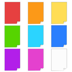 Set of colorful paper sheets and stickers featuring blank square note templates and office label icons in a vector web banner design illustration