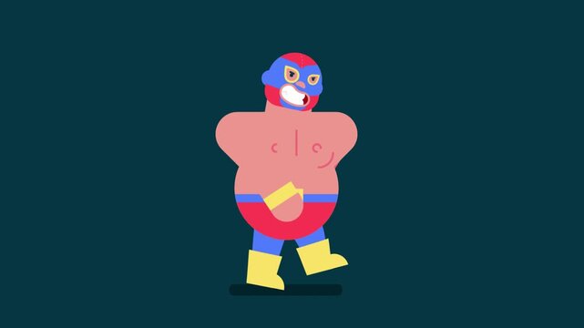 Mexican wrestler with mask walking and dancing, Acrobat fighter lucha libre feeling happy, Flat avatar video 4k
