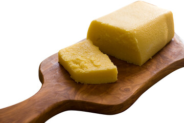 Polenta on Wooden Tray Isolated on White Background