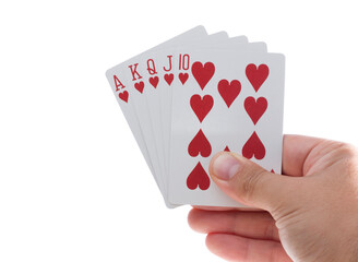 straight flush of hearts in hand isolated