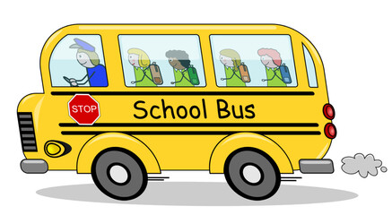 school bus or schoolbus heading to school full of excited smiling children on their way to a day of learning and adventure. Vector isolated on white