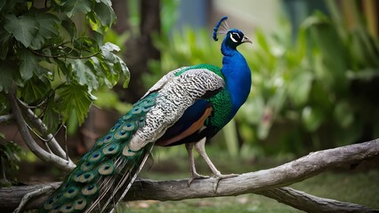 Naklejka premium Congo Peafowl Bird Perched on a Branch in Nature, Realistic Photo, Wallpaper, Cover and Screen for Smartphone, Cell Phone, Computer, Laptop