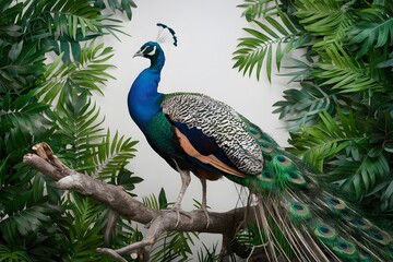 Obraz premium Congo Peafowl Bird Perched on a Branch in Nature, Realistic Photo, Wallpaper, Cover and Screen for Smartphone, Cell Phone, Computer, Laptop