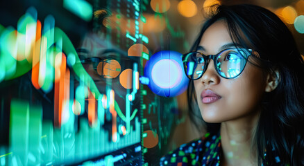 A woman is looking at a computer screen with a lot of numbers and symbols. Concept of focus and concentration as the woman stares at the screen