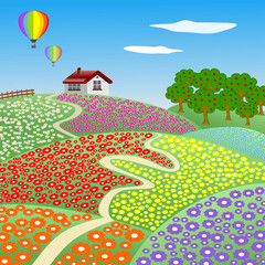 cute house in the countryside flowers spring landscape vector