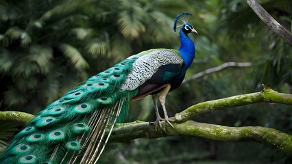 Obraz premium Congo Peafowl Bird Perched on a Branch in Nature, Realistic Photo, Wallpaper, Cover and Screen for Smartphone, Cell Phone, Computer, Laptop