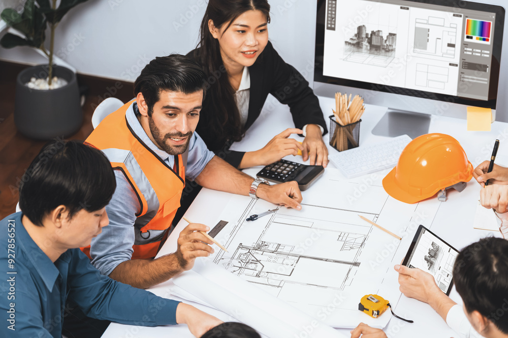 Poster diverse group of civil engineer and client working together on architectural project, reviewing cons