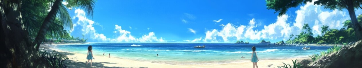 Fototapeta premium Summer's Enchanted Beach: anime-style Sisters Revel in Family Fun on the Shore for Seasonal Travel Posters and Festive Marketing,Anime-Style,illustration,Picture BooksFor Poster,Novel,UI,WEB,Game,Desi