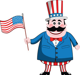 A patriotic cartoon illustration of Uncle Sam waving a USA flag to celebrate Independence Day with a young boy and woman during a 4th of July holiday event in the United States