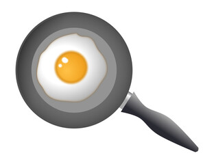 A freshly cooked fried egg with a vibrant yellow yolk sizzles in a black skillet, providing a high-protein breakfast meal prepared in a kitchen pan