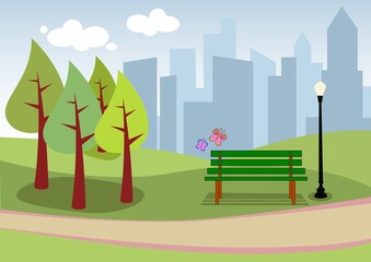 illustration of a green park bench in a summer urban landscape featuring trees, grass, and a city building under a blue sky for an eco friendly nature environment design