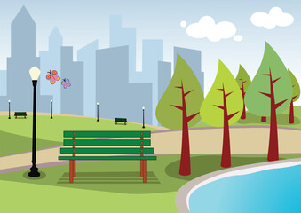 Vector illustration of a summer city park landscape featuring green trees and grass against an urban skyline with eco friendly architecture and a blue sky cloud design