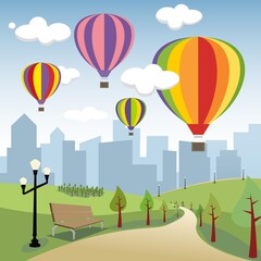 A colorful hot air balloon flies over a city landscape in a summer sky with clouds, providing a fun travel adventure through a cartoon vector illustration of air transport