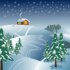A cozy winter landscape features a cartoon cottage nestled in a snowy forest village at night, creating a festive Christmas holiday scene with decorated trees and snowflakes in a vector illustration