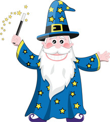 A funny cartoon wizard with a magic wand 