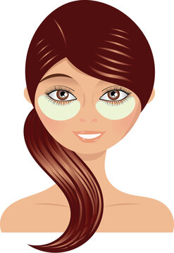 Vector illustration of glamorous brunette woman face portrait with makeup, fashion beauty model head, elegant hairstyle and spa aesthetic style
