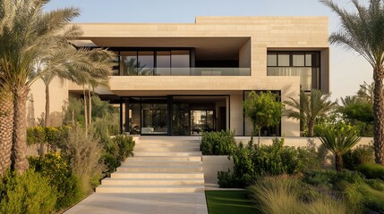 Fototapeta premium Modern stone house with large windows and a stone staircase leading to the front door, surrounded by palm trees and lush greenery.