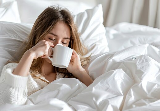 Woman Sitting on Bed in White Room Holding Coffee Mug with Cold Symptoms