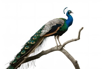 Obraz premium Congo Peafowl Bird Perched on a Branch with White Background, Realistic Photo, Wallpaper, Cover and Screen for Smartphone, Cell Phone, Computer, Laptop
