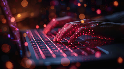 A close-up of hands typing on a sleek laptop keyboard, with digital icons floating around
