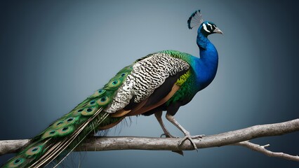 Obraz premium Congo Peafowl Bird Perched on a Branch with Blue Background, Realistic Photo, Wallpaper, Cover and Screen for Smartphone, Cell Phone, Computer, Laptop