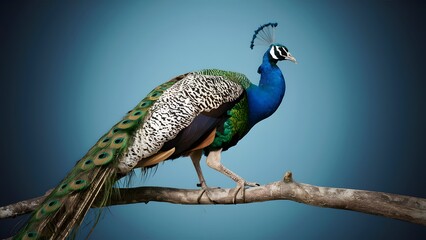 Obraz premium Congo Peafowl Bird Perched on a Branch with Blue Background, Realistic Photo, Wallpaper, Cover and Screen for Smartphone, Cell Phone, Computer, Laptop