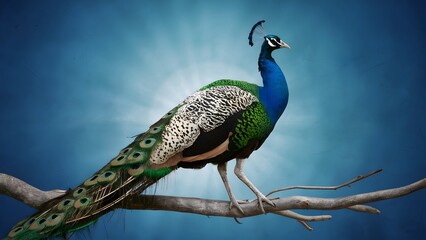 Obraz premium Congo Peafowl Bird Perched on a Branch with Blue Background, Realistic Photo, Wallpaper, Cover and Screen for Smartphone, Cell Phone, Computer, Laptop