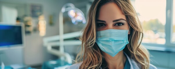 Focused young female dentist wearing a face mask in a bright clinic. Free copy space for text.