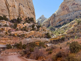 The rugged beauty of Capitol Reef National Park in Utah. This scenic desert road winds through towering sandstone cliffs, offering breathtaking views perfect for adventure and outdoor photography.