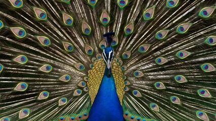 Fototapeta premium Congo Peafowl Bird with Open Fan Tail, Realistic Photo, Wallpaper, Cover and Screen for Smartphone, Cell Phone, Computer, Laptop