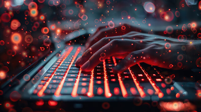 A close-up of hands typing on a sleek laptop keyboard, with digital icons floating around
