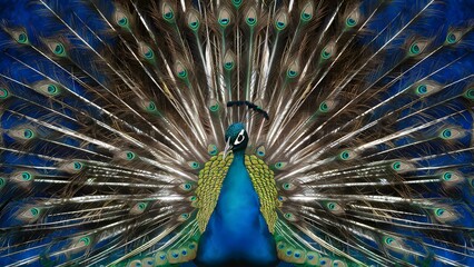 Naklejka premium Congo Peafowl Bird with Open Fan Tail, Realistic Photo, Wallpaper, Cover and Screen for Smartphone, Cell Phone, Computer, Laptop