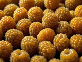 Macro shot of golden raspberries with rich textures and natural tones