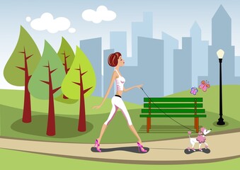 Young woman jogging in park during spring with city skyline in background for healthy lifestyle and outdoor activity themes