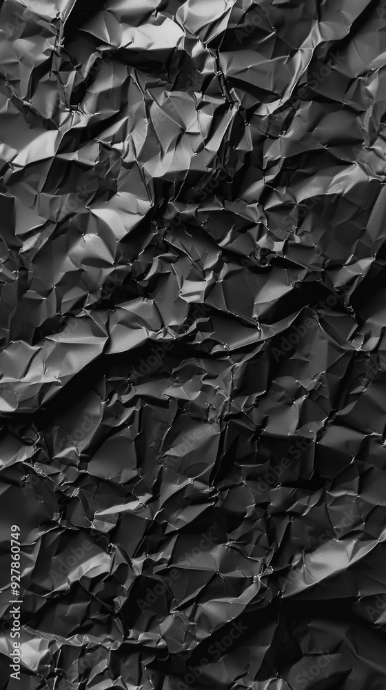 Poster the texture of crumpled black paper reveals intricate patterns and depths, showcasing a rich, monoch