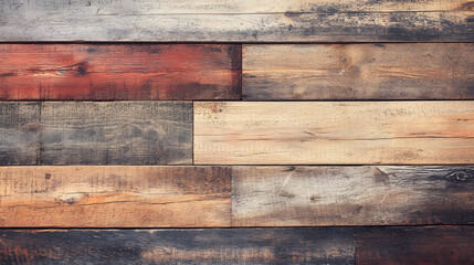 Naklejka premium A close-up view of various wooden planks arranged in a rustic pattern with rich textures and colors