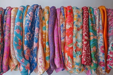 Array of colorful traditional scarves displayed in an artisan market setting