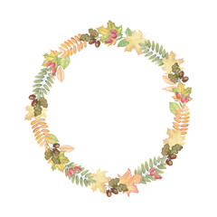 Round watercolor frame featuring hand-drawn autumn leaves
