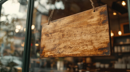 Rustic wooden signboard hanging outside a vintage-style café window, with a blurred city street and warm ambiance in the background, inviting customers inside.