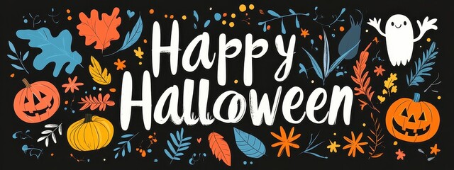 Halloween background happy pumpkin party poster element text cartoon candy. Happy cute background halloween scary ghost horror banner bat font hat card illustration witch word type trick white icon.