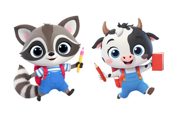 Obraz premium 3d rendering cute cow and raccoon cartoon characters wearing overalls and holding book and pencil isolated on transparent background, PNG file add