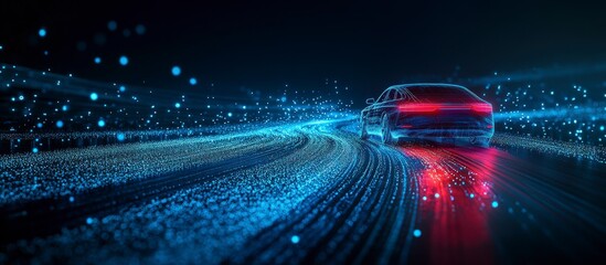 A futuristic car made of glowing lines and dots drives on a road of light streaks.