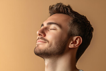 Obraz premium A close up of a man's face with his eyes closed